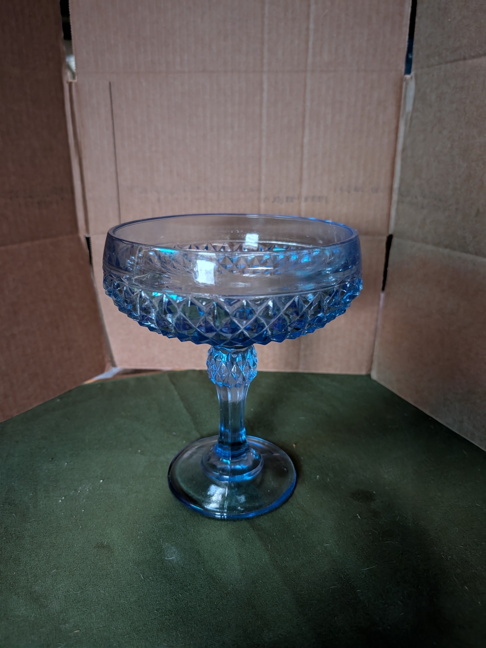 Blue Pressed Glass Coupe - Elegant Diamond-Pattern Dessert Glass